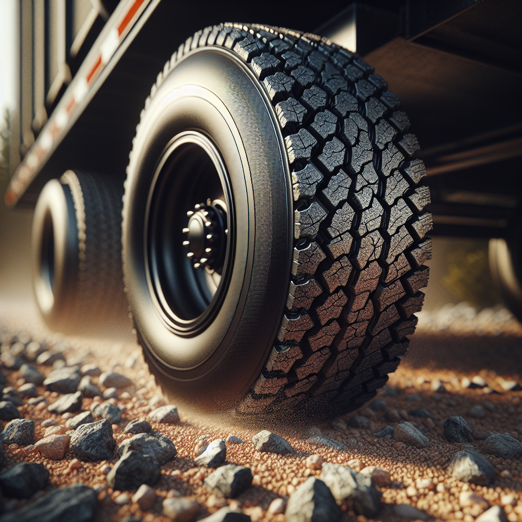 A close-up of a trailer tire on a gravel road, showing heat distortion and distinct tread patterns.