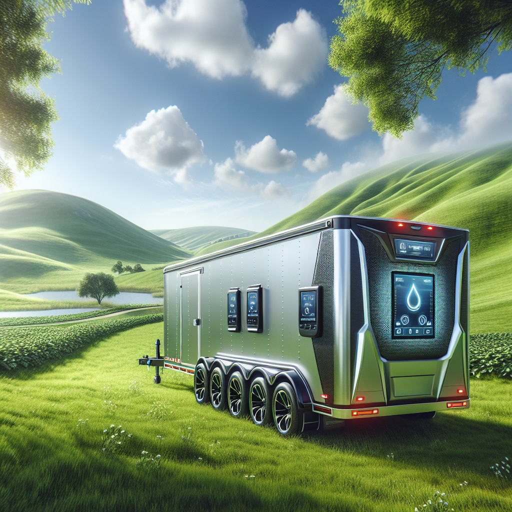 A trailer with a visible tire pressure monitor system parked in a picturesque landscape.