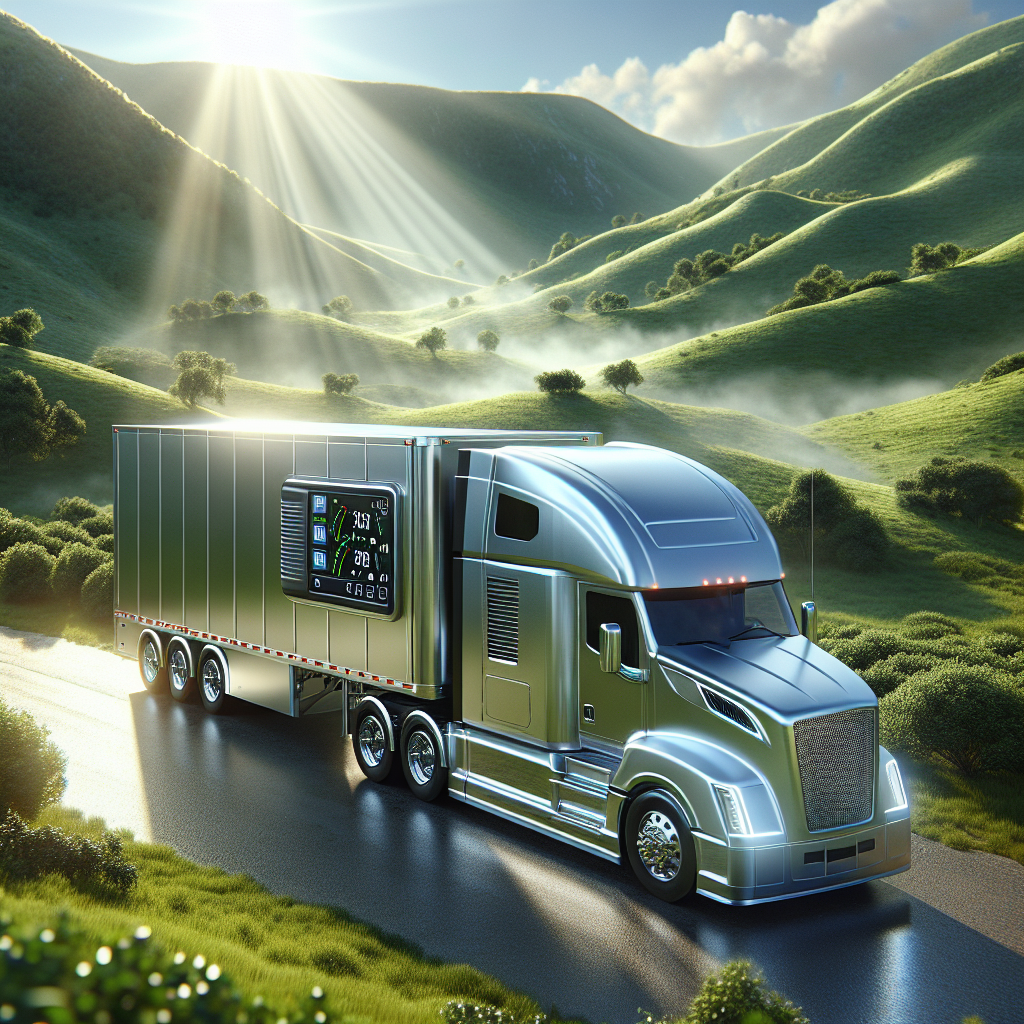 A trailer with a visible tire monitoring system in a scenic landscape.