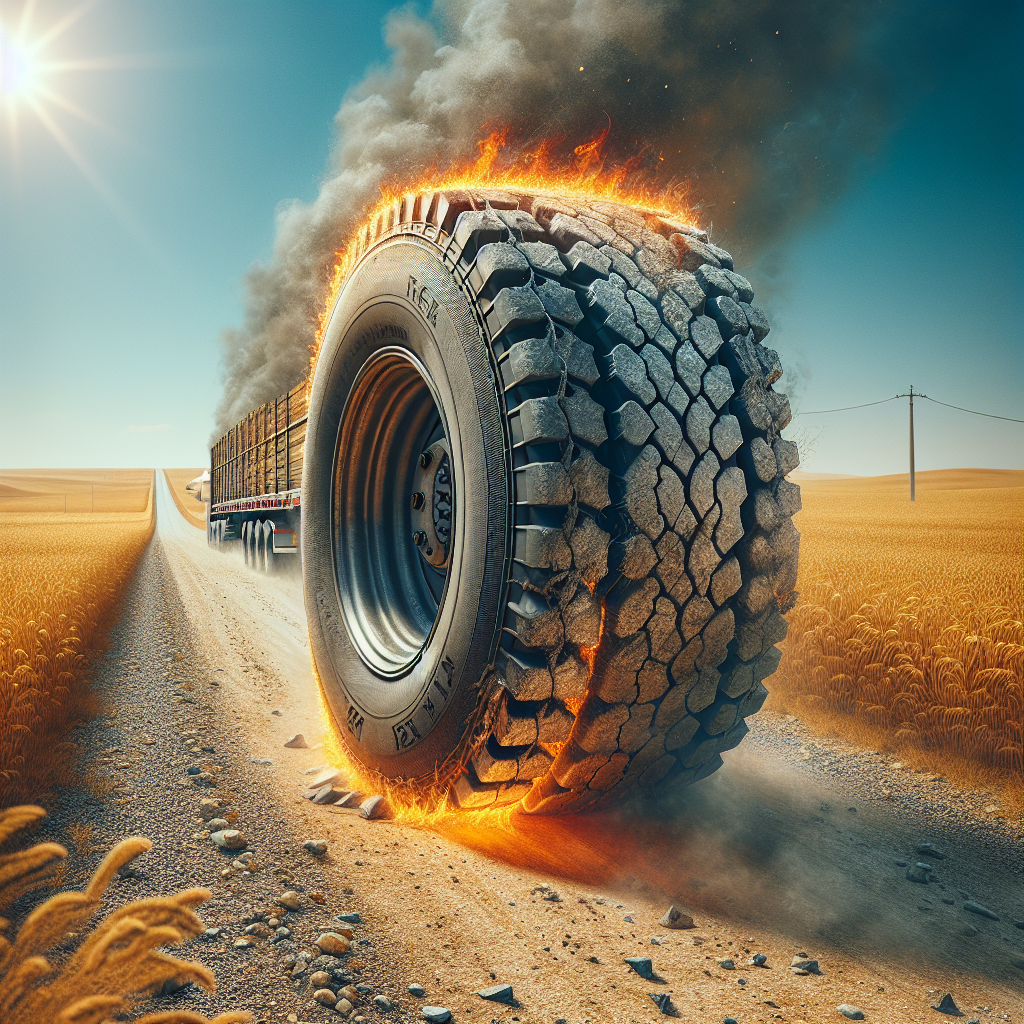 A trailer tire overheating on a gravel road with visible wear.