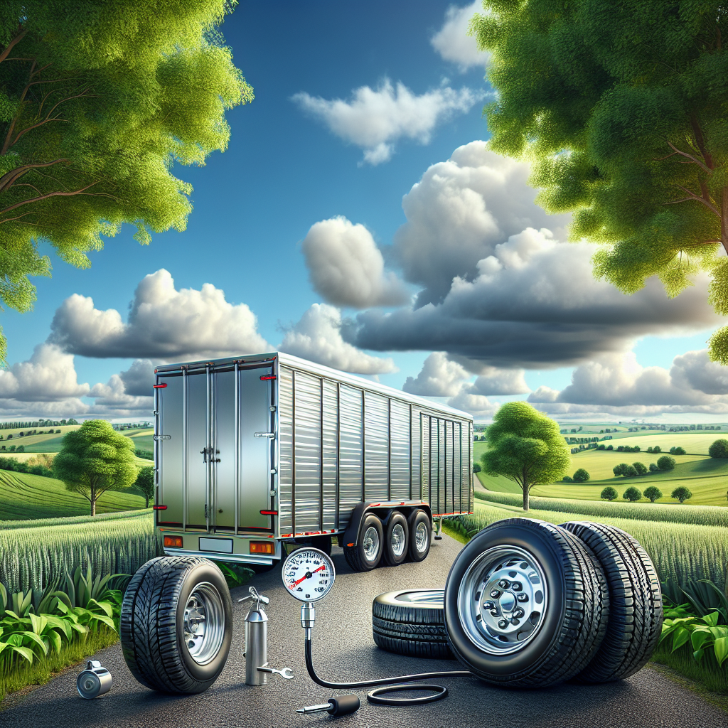 A trailer parked on a rural road with emphasis on checking tire pressure.