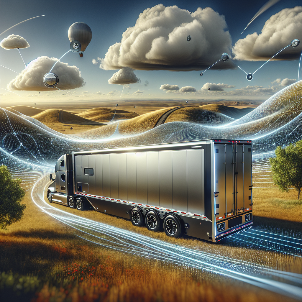 A modern trailer with tire monitoring systems in a scenic landscape.