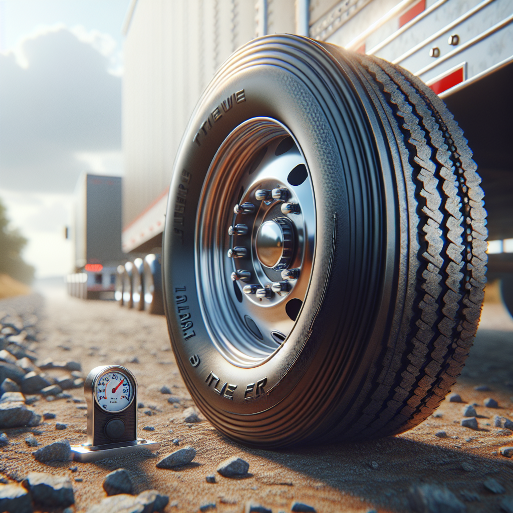 Close-up view of trailer tires on a gravel road with a visible temperature gauge.