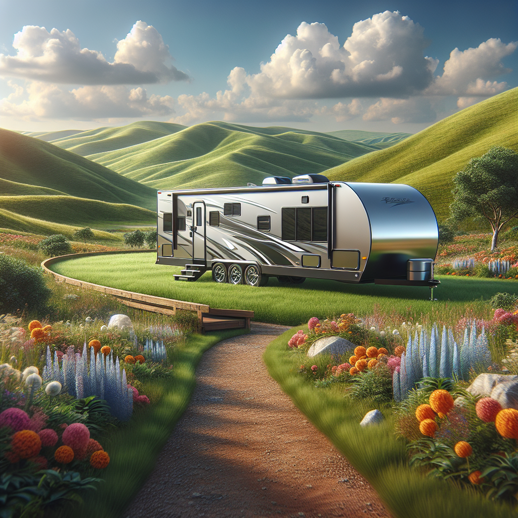 A travel trailer parked in a scenic landscape with green hills and a blue sky.