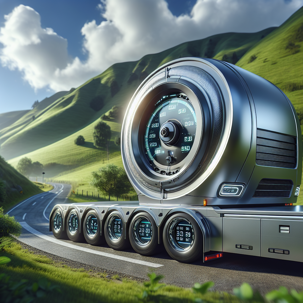 A metallic silver trailer with highlighted tires showing tire monitoring gauges against a scenic backdrop.