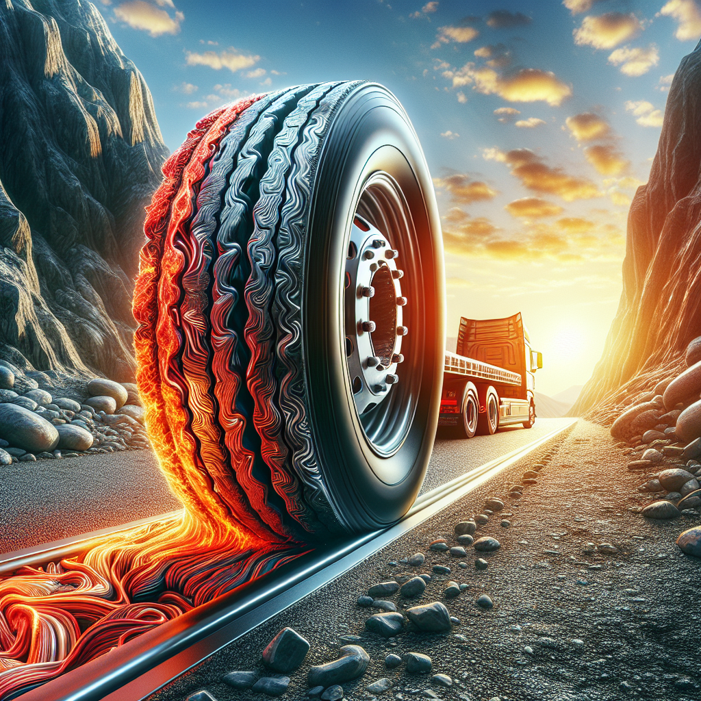 Close-up of trailer tires showing one overheated and one healthy, set on a rocky road.