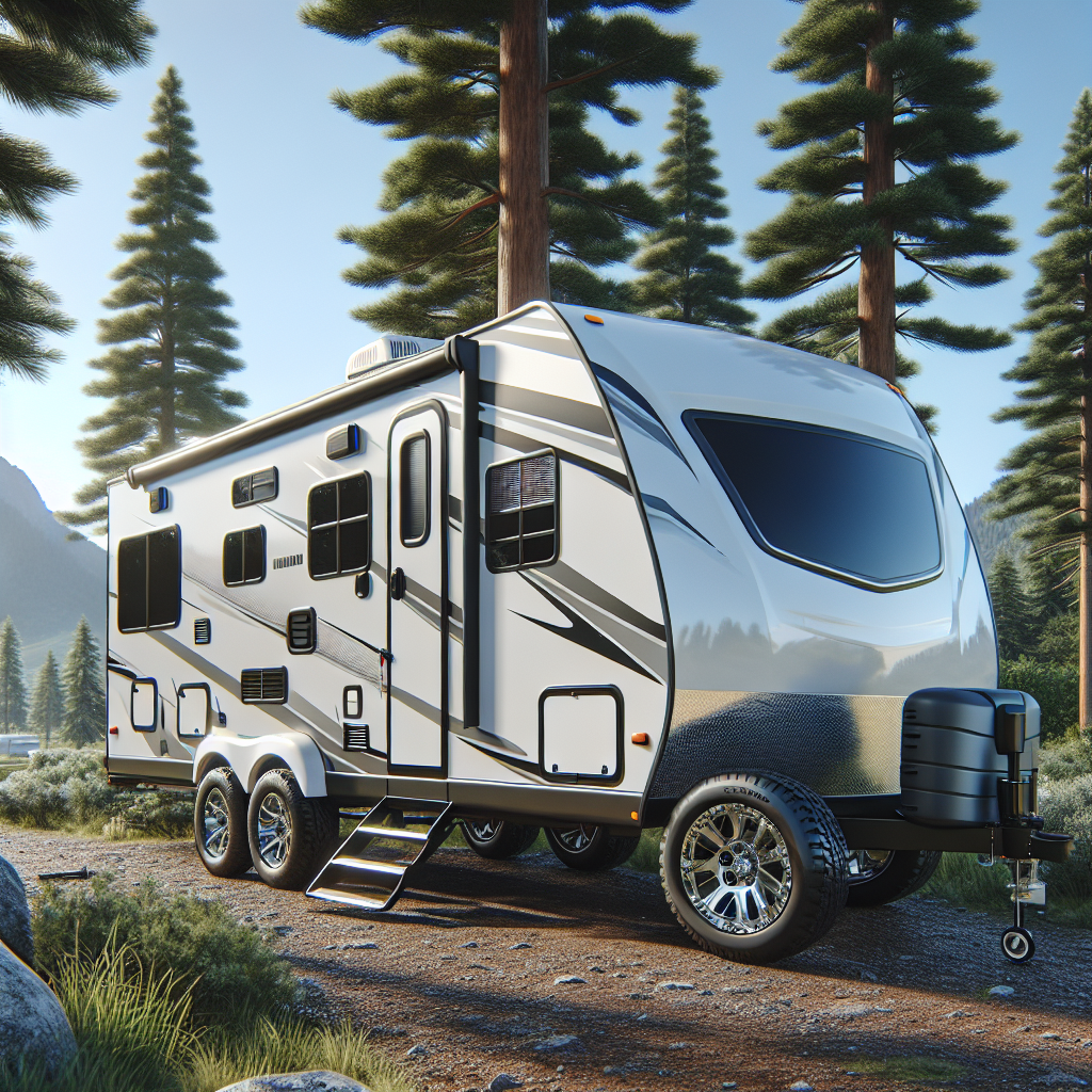 A travel trailer parked in a natural setting, surrounded by trees.