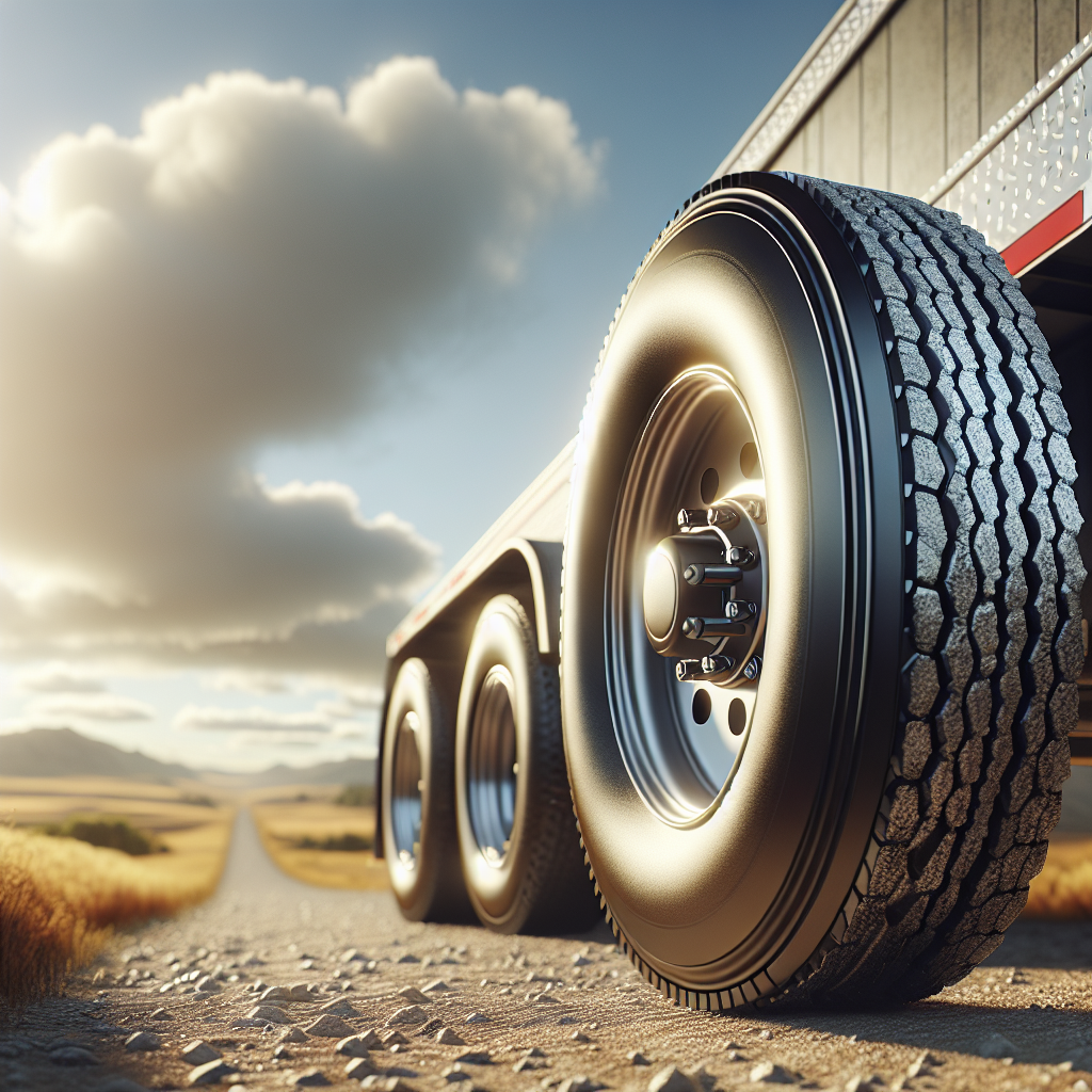 Close-up of a trailer tire on a gravel road with a blurred sunny landscape in the background.
