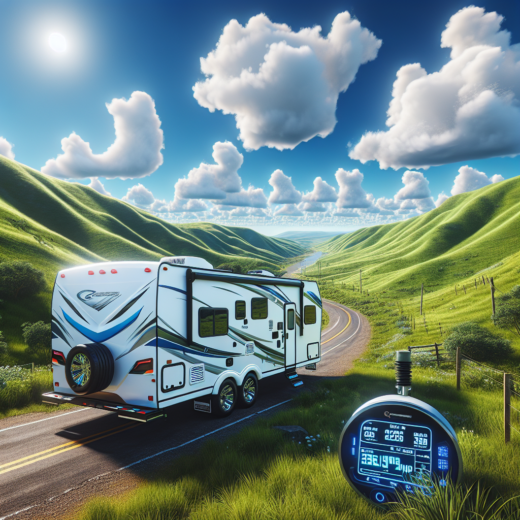 A travel trailer parked with a focus on its tire pressure monitoring system.
