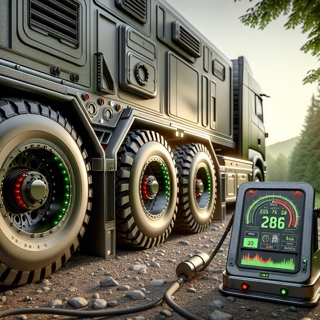 A trailer tire monitoring system displayed near an off-road trailer on a gravel road.