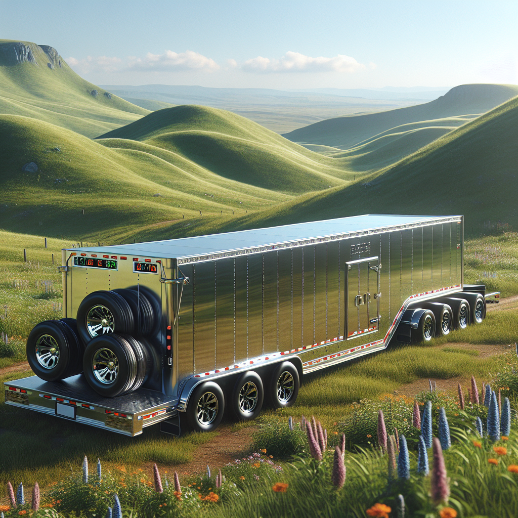A parked trailer with visible tire pressure readings in a scenic landscape.