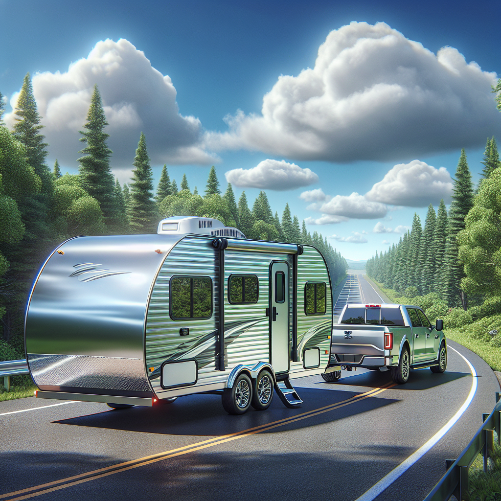 A travel trailer on a scenic highway with a focus on the trailer and towing trucks.