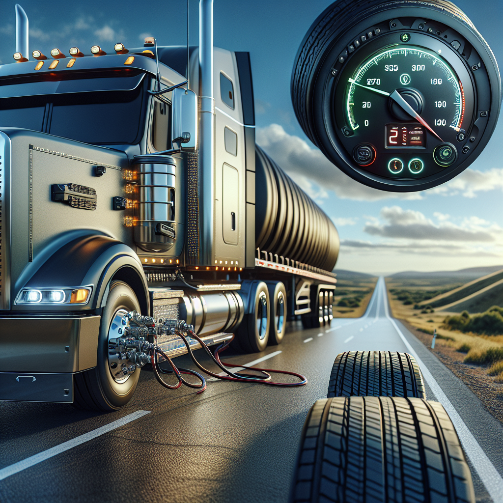 A truck and trailer with a tire pressure monitoring system on a highway.