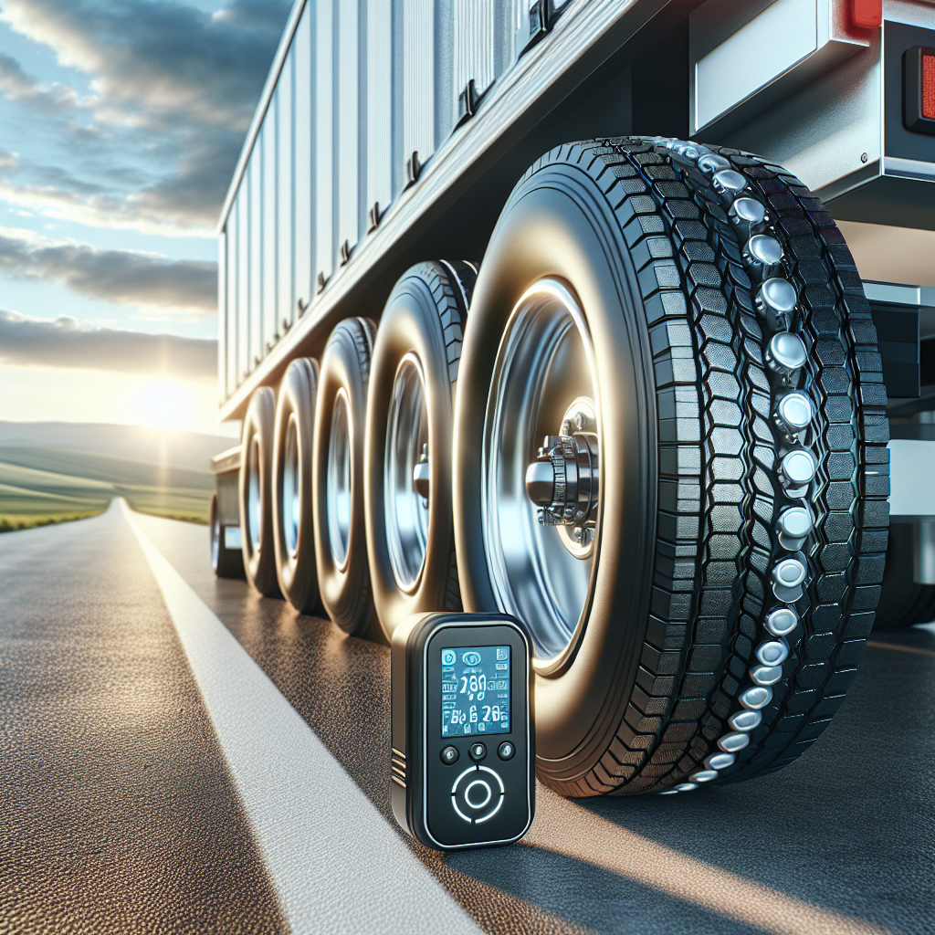 A trailer with visible tires and a tire pressure monitoring system against a scenic landscape.