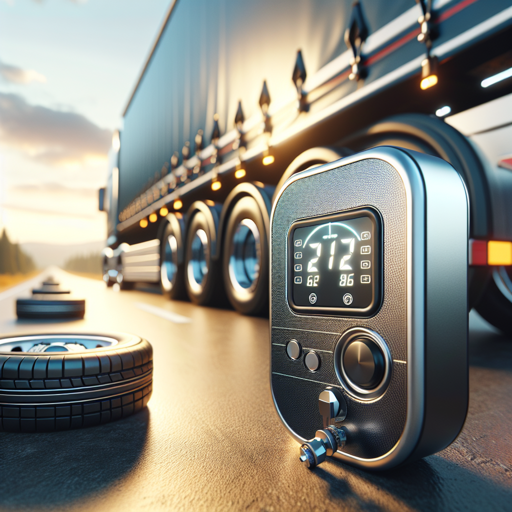 Close-up of a trailer tire pressure monitor with a blurred trailer background.