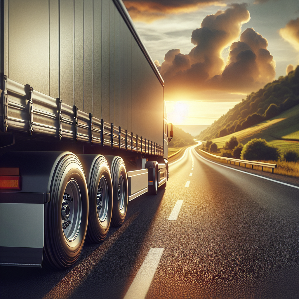 A trailer on a highway with a focus on the wheels and tires, surrounded by a picturesque landscape.