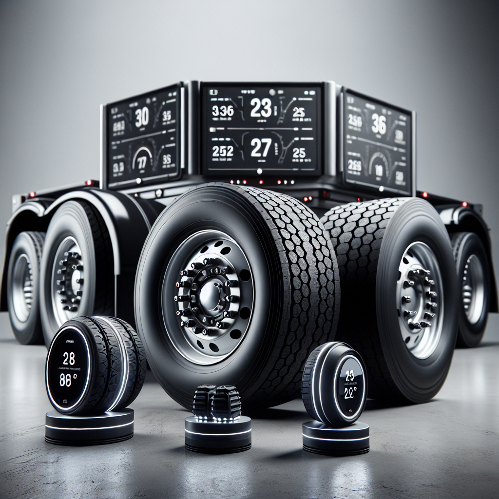 A close-up of a trailer tire monitoring system showing tires with sensors and a dashboard display.