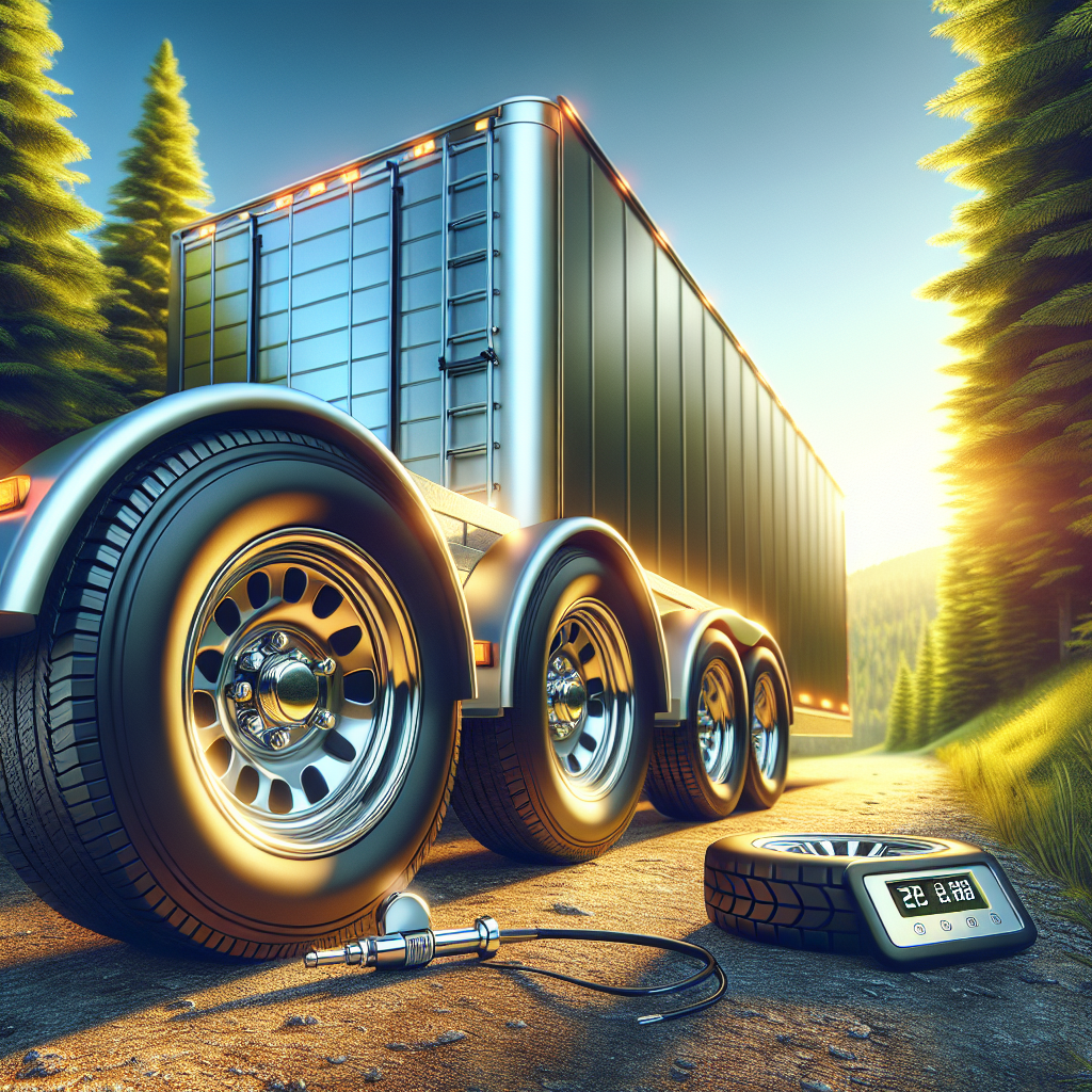 A trailer with tire pressure monitor displayed, parked by a road surrounded by greenery.
