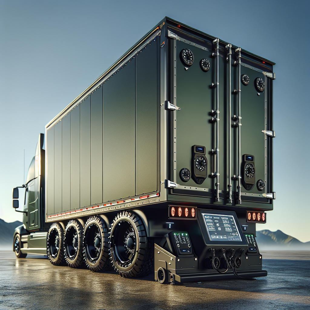 A trailer with advanced tire monitoring systems, showcasing sensors on the tires and a digital display unit.