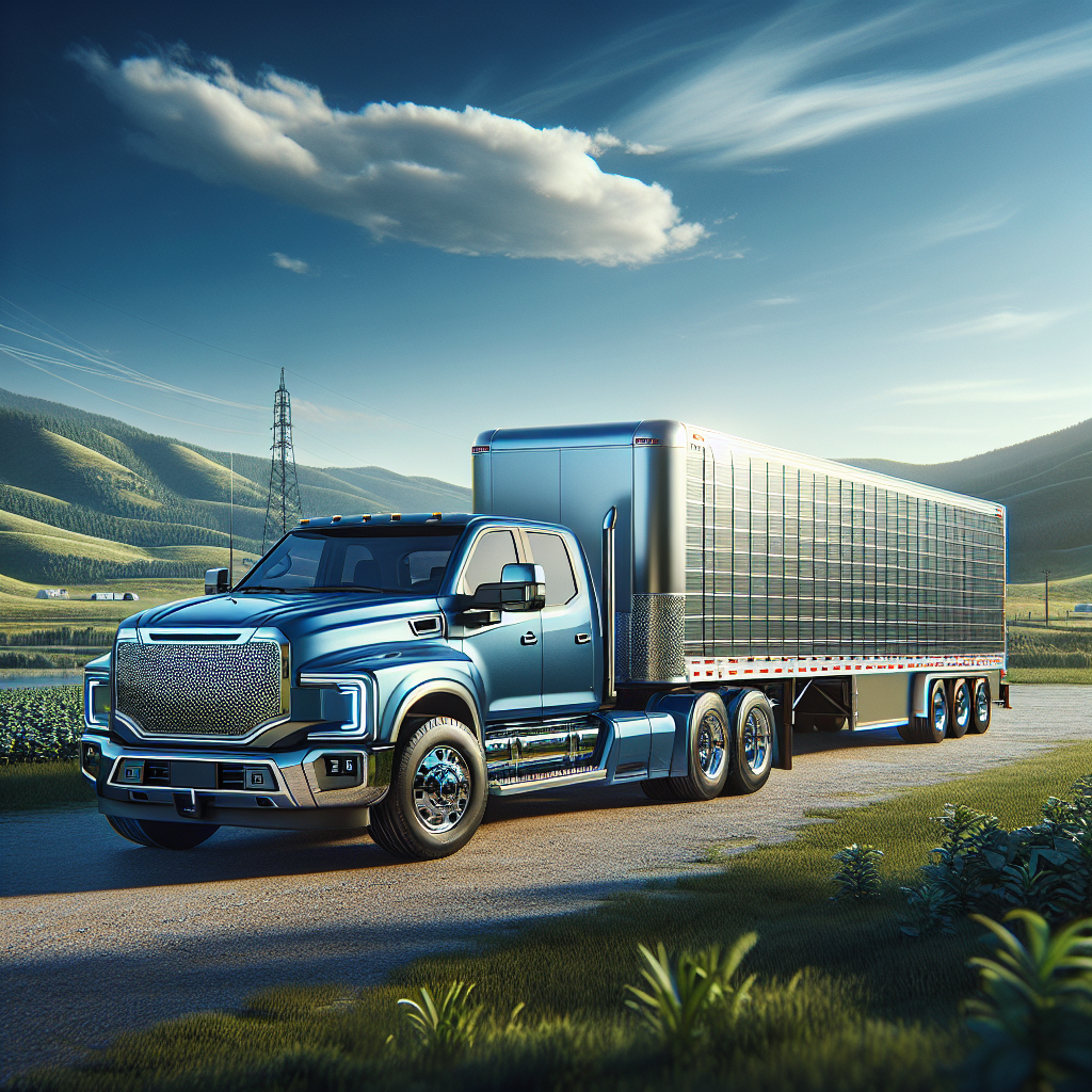 A modern truck with a trailer parked on a gravel road in a countryside landscape.