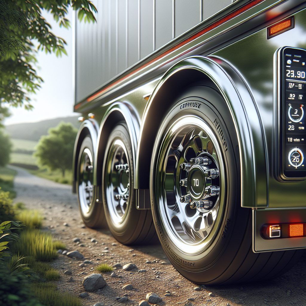 A modern trailer with a digital tire pressure monitor on its wheel.