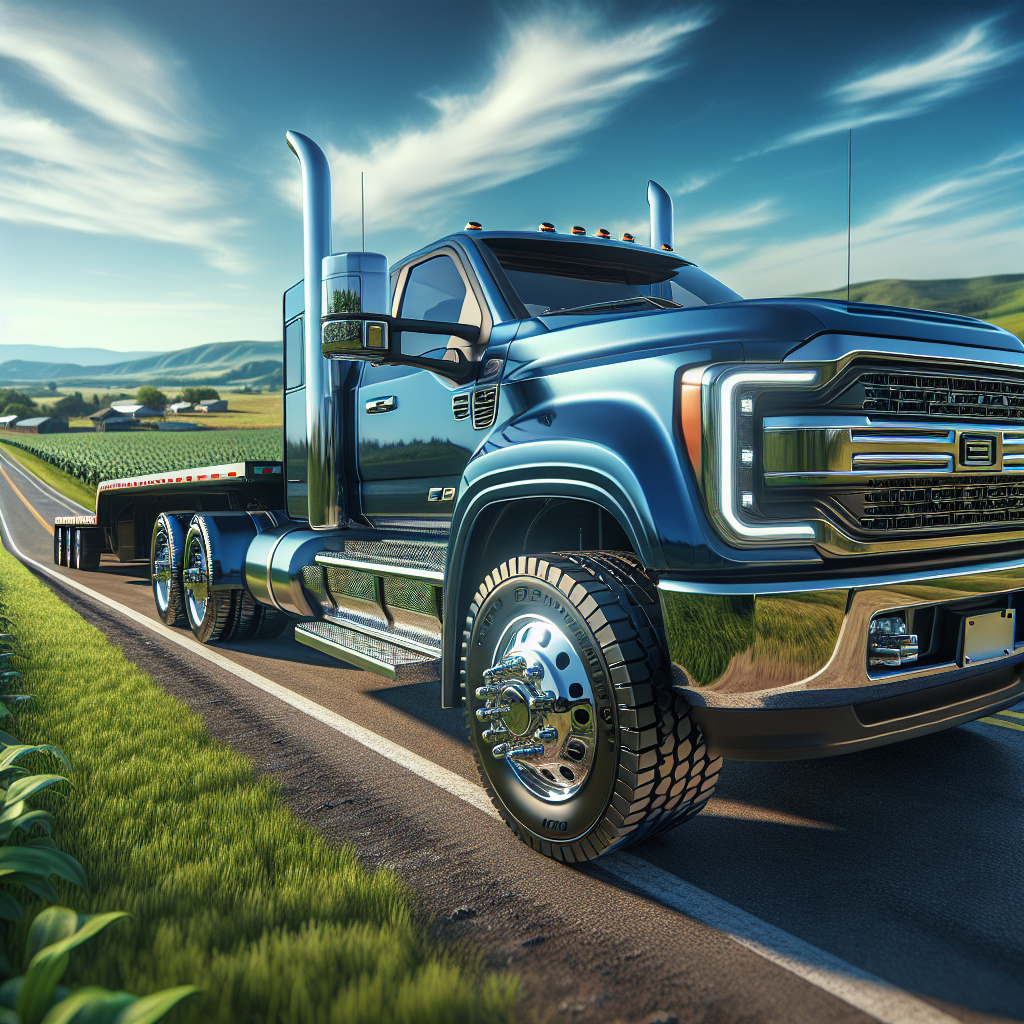 A truck and trailer on a rural road focusing on the prominently featured tires.