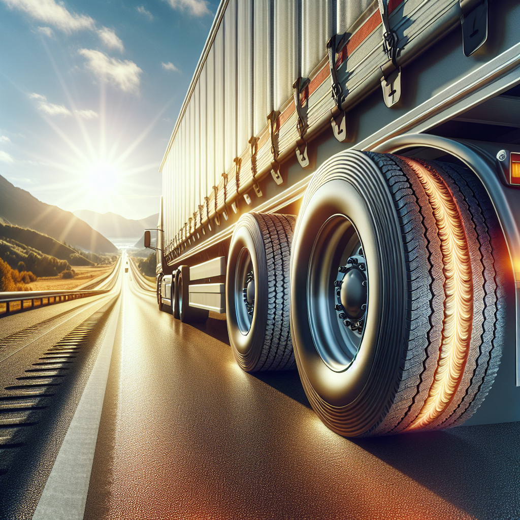 A trailer on a highway with a focus on its tires.