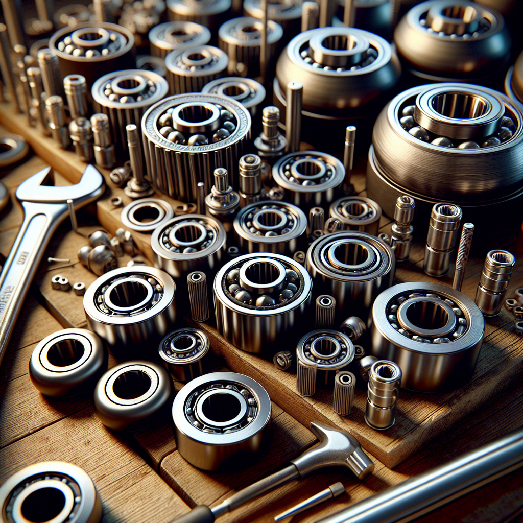 Realistic depiction of trailer wheel bearings on a workbench with tools.