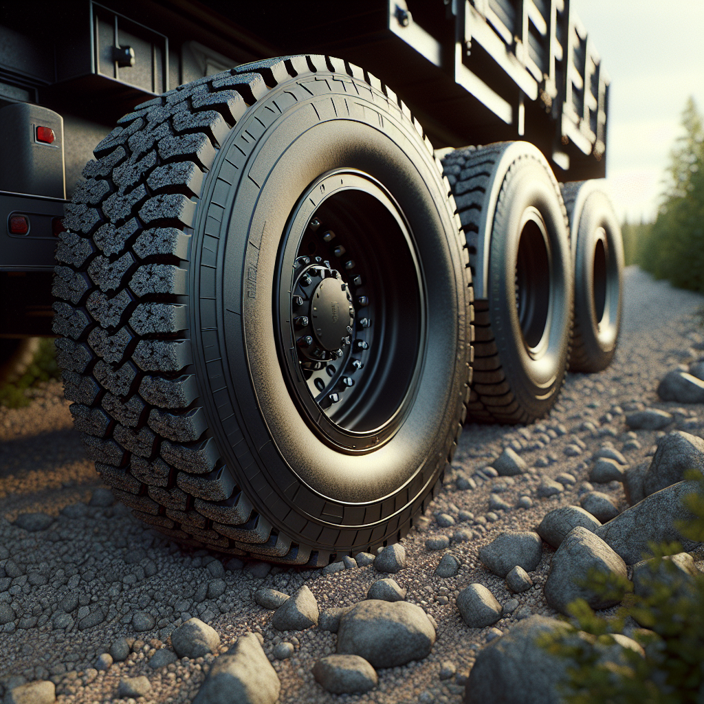 Close-up of trailer tires on a gravel road with natural sunlight.