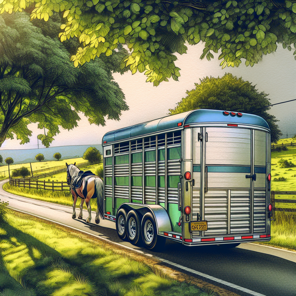 A horse trailer on a country road with well-maintained tires and a scenic background.