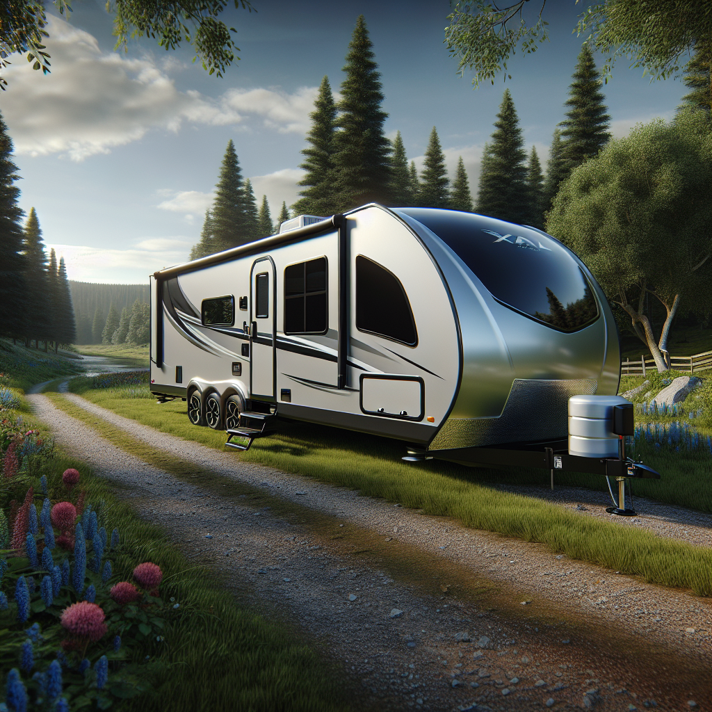 A travel trailer parked on a gravel path surrounded by trees and wildflowers.