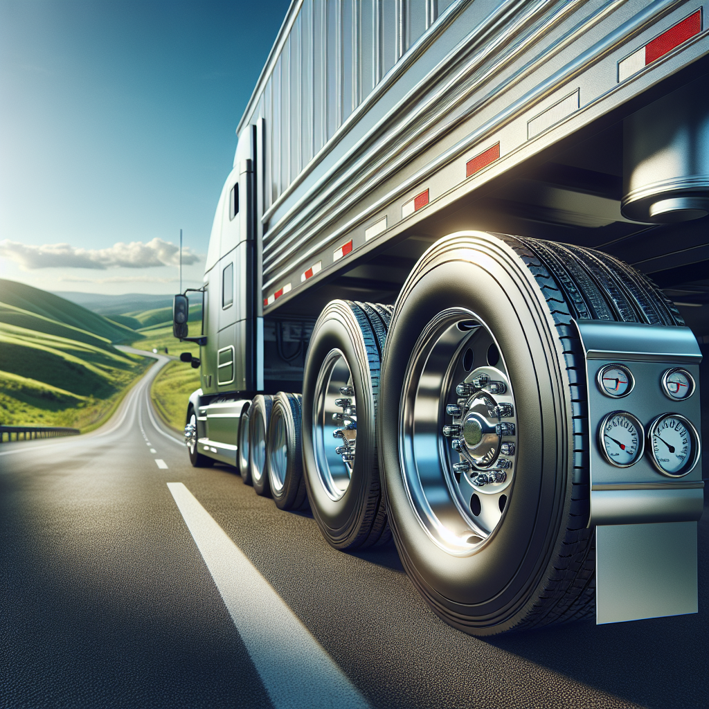 A trailer on a highway highlighting its tires and pressure monitoring system.