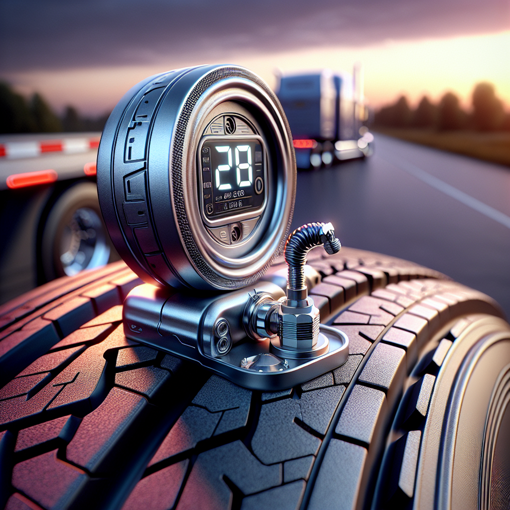 A close-up of a TPMS sensor on a trailer tire, showcasing its design and outdoor setting.