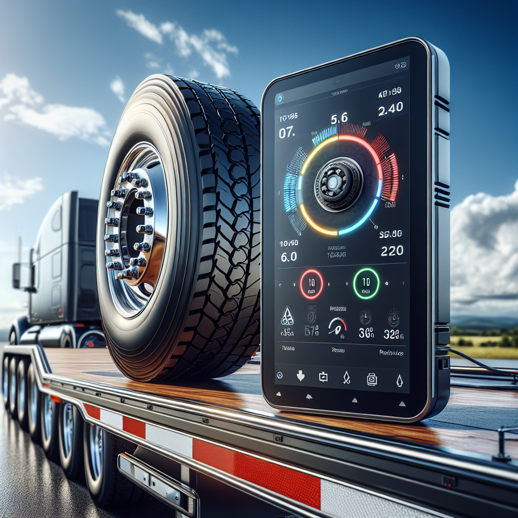 A tire pressure monitoring system displayed on a trailer, showing a close-up of a tire with a pressure sensor and a dashboard screen.