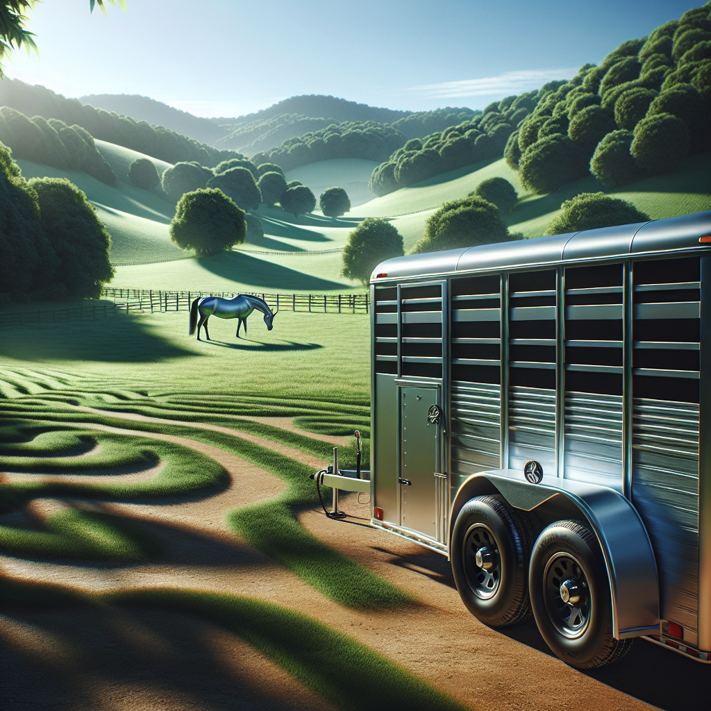 A horse trailer with visible tires in a green rural landscape.