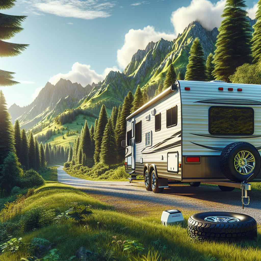 A travel trailer with visible tire pressure monitoring system, set on a scenic road.