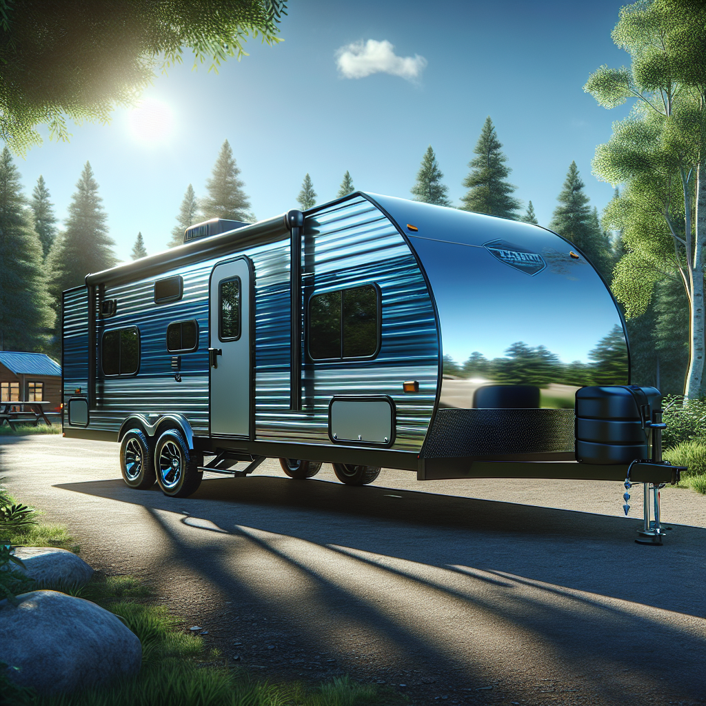 A trailer parked at a campsite with visible well-inflated tires, surrounded by trees.