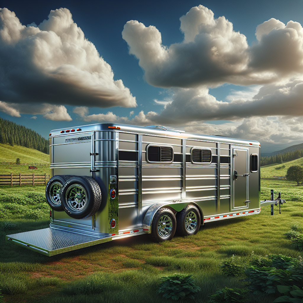 A horse trailer parked in a rural setting with attention to its tires.