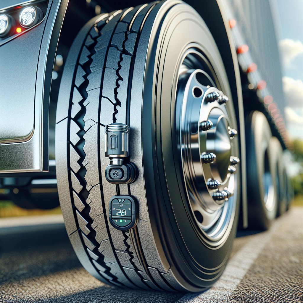 A TPMS sensor on a trailer tire in an outdoor setting.