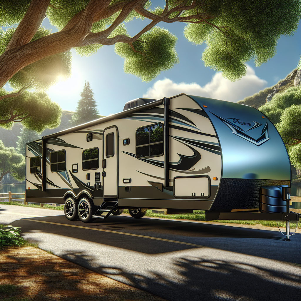 A travel trailer in a natural setting, emphasizing its tires and tire pressure monitoring system.