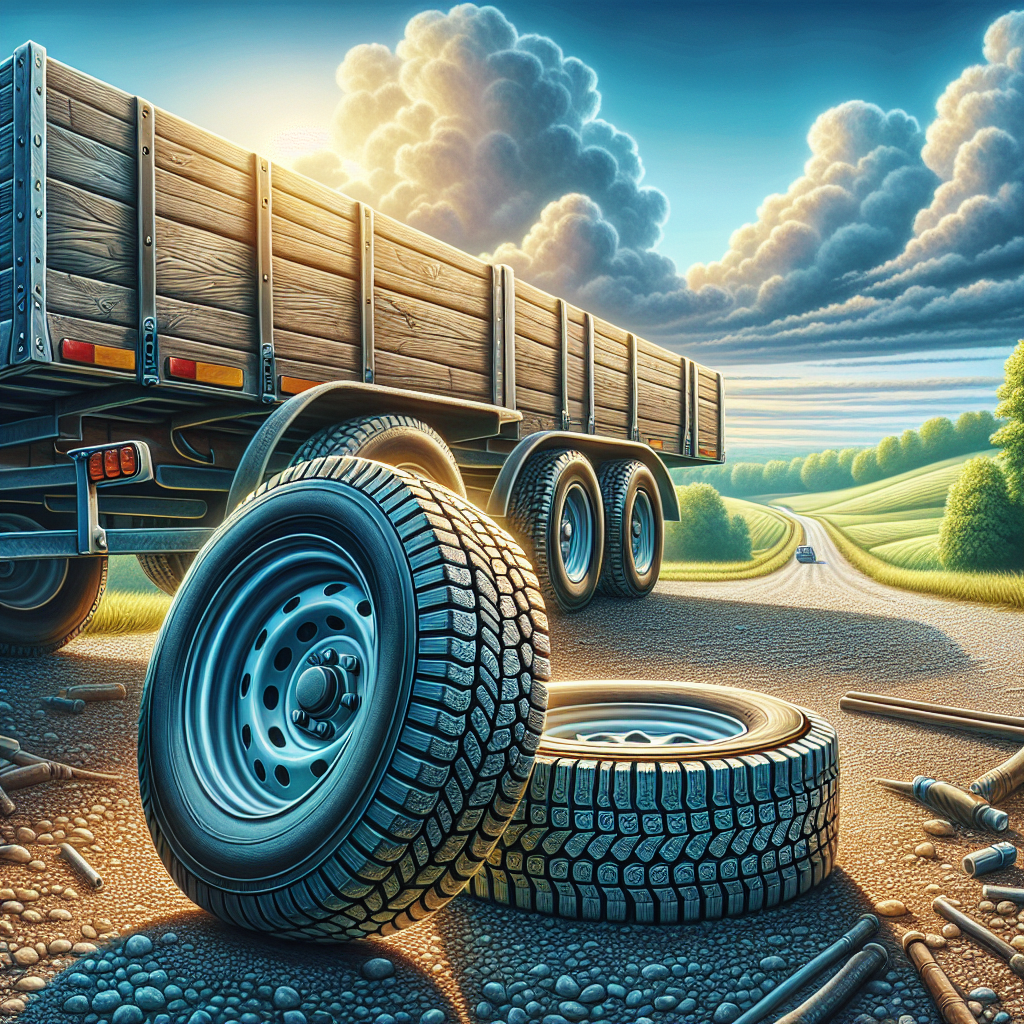 A trailer parked on a gravel road with a focus on its well-inflated tires against a scenic countryside backdrop.