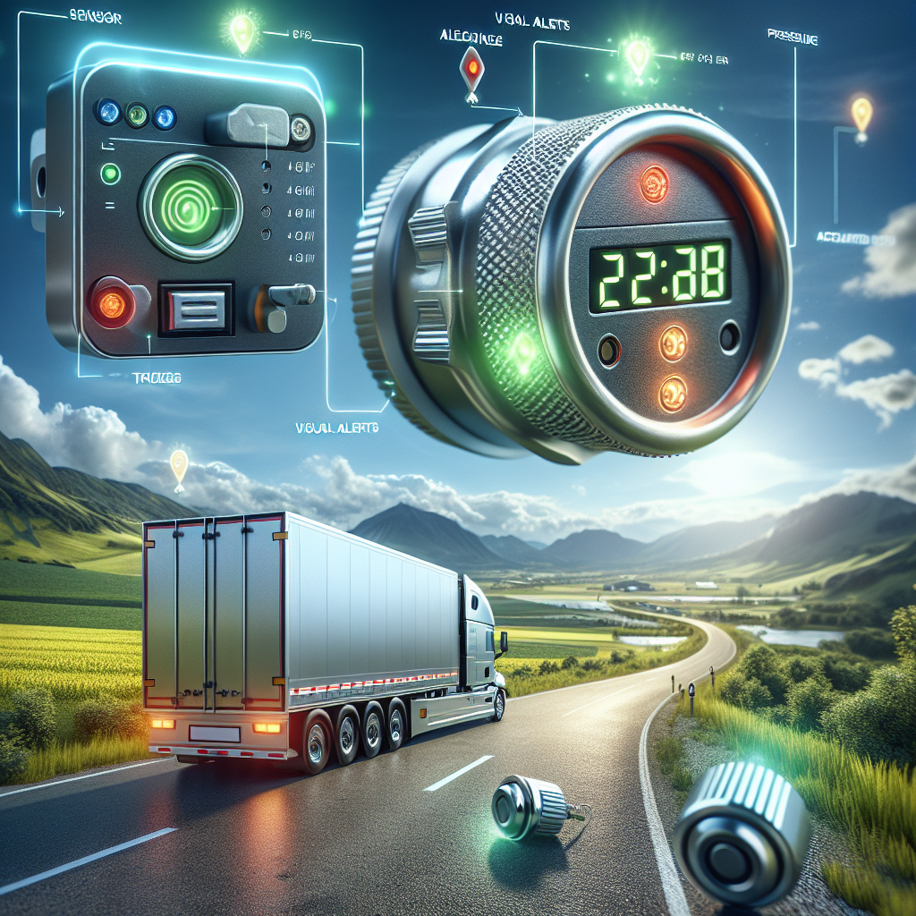 A tire pressure monitoring system for trailers showing essential components and a trailer on the road.