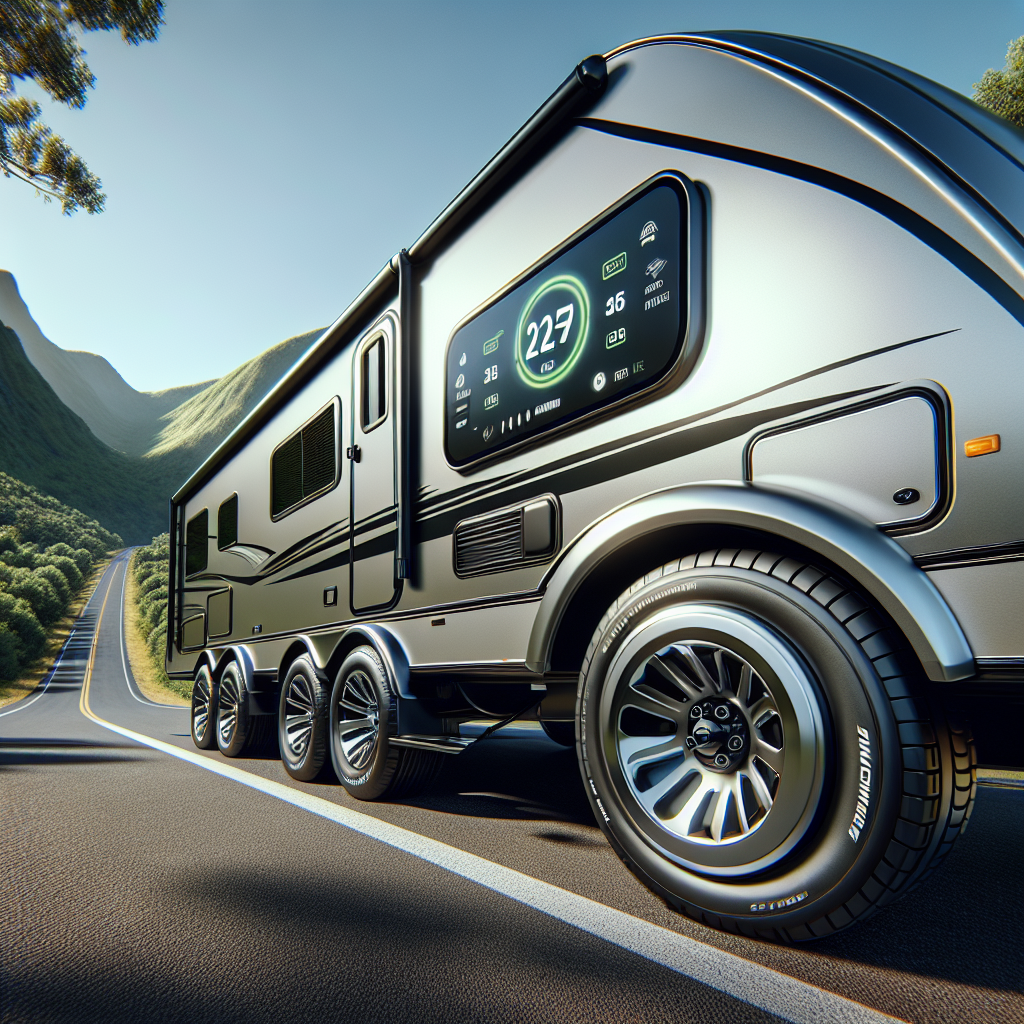 A travel trailer with a tire pressure monitoring system parked on a scenic highway surrounded by green mountains.