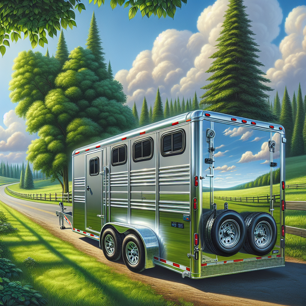 A horse trailer parked near a forest with vibrant greenery.