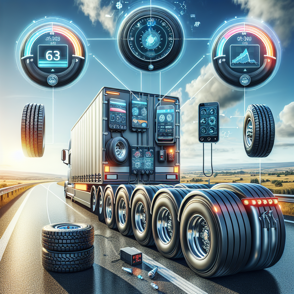 A trailer with a tire pressure monitoring system, showing sensors and a dashboard on a sunny highway.