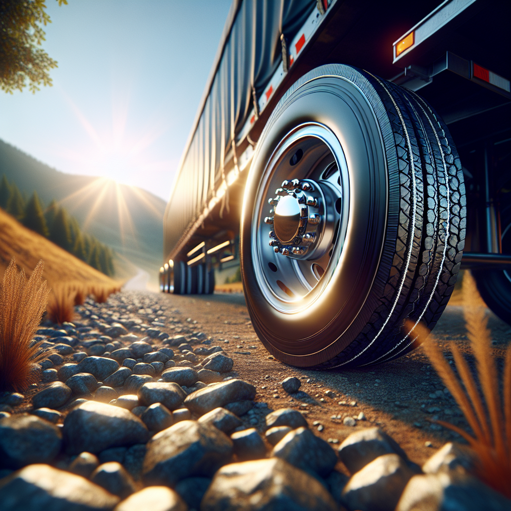 A trailer tire on a gravel road under sunlight.