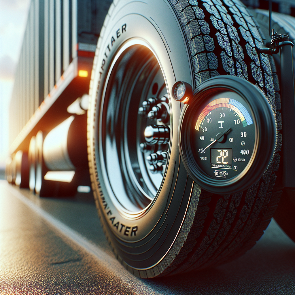 A close-up of a trailer tire with temperature monitoring details.