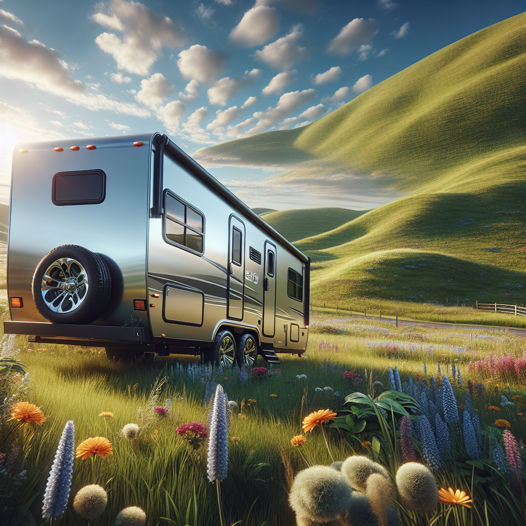 A travel trailer in a scenic outdoor setting surrounded by grass and wildflowers.