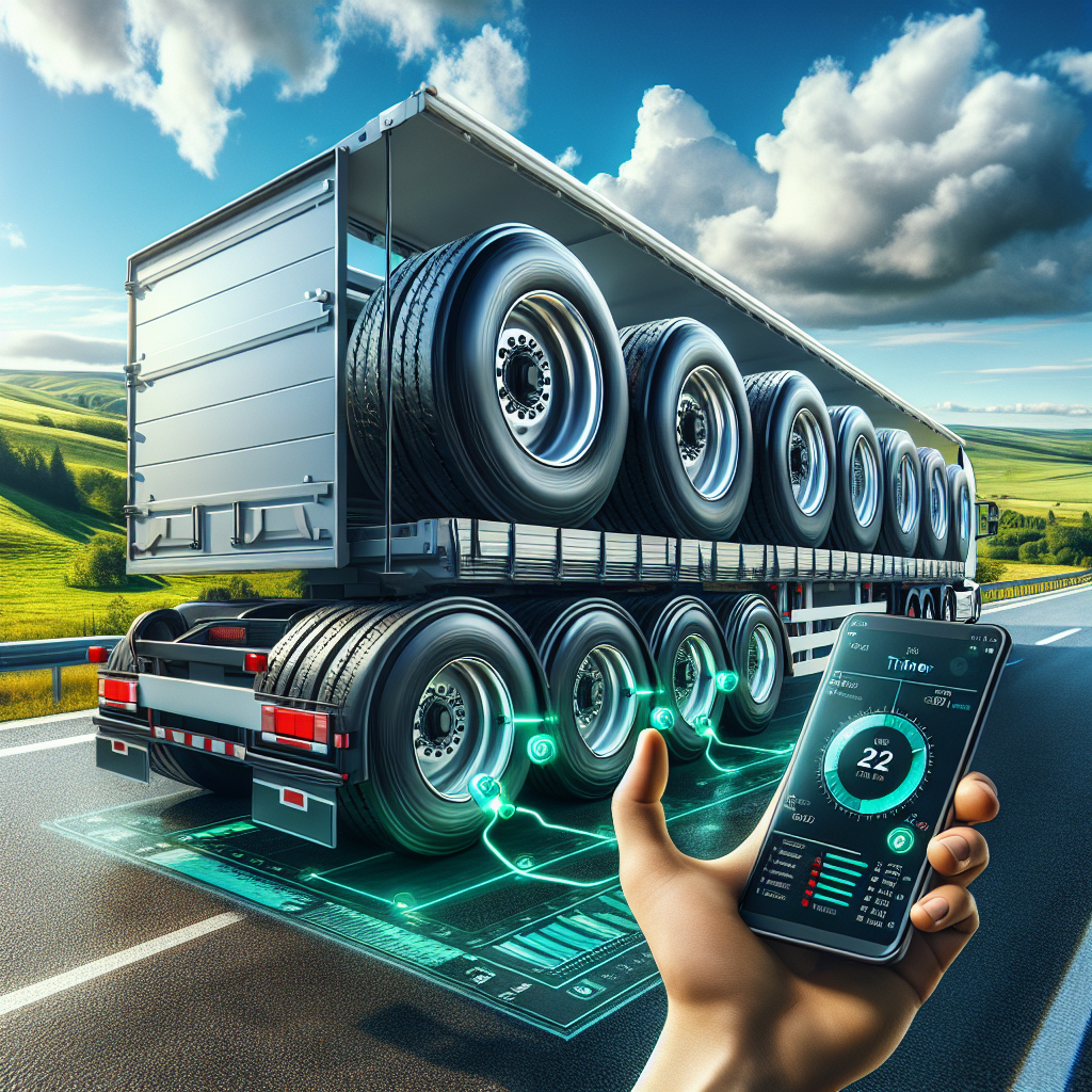 A trailer with well-maintained tires near a scenic highway.
