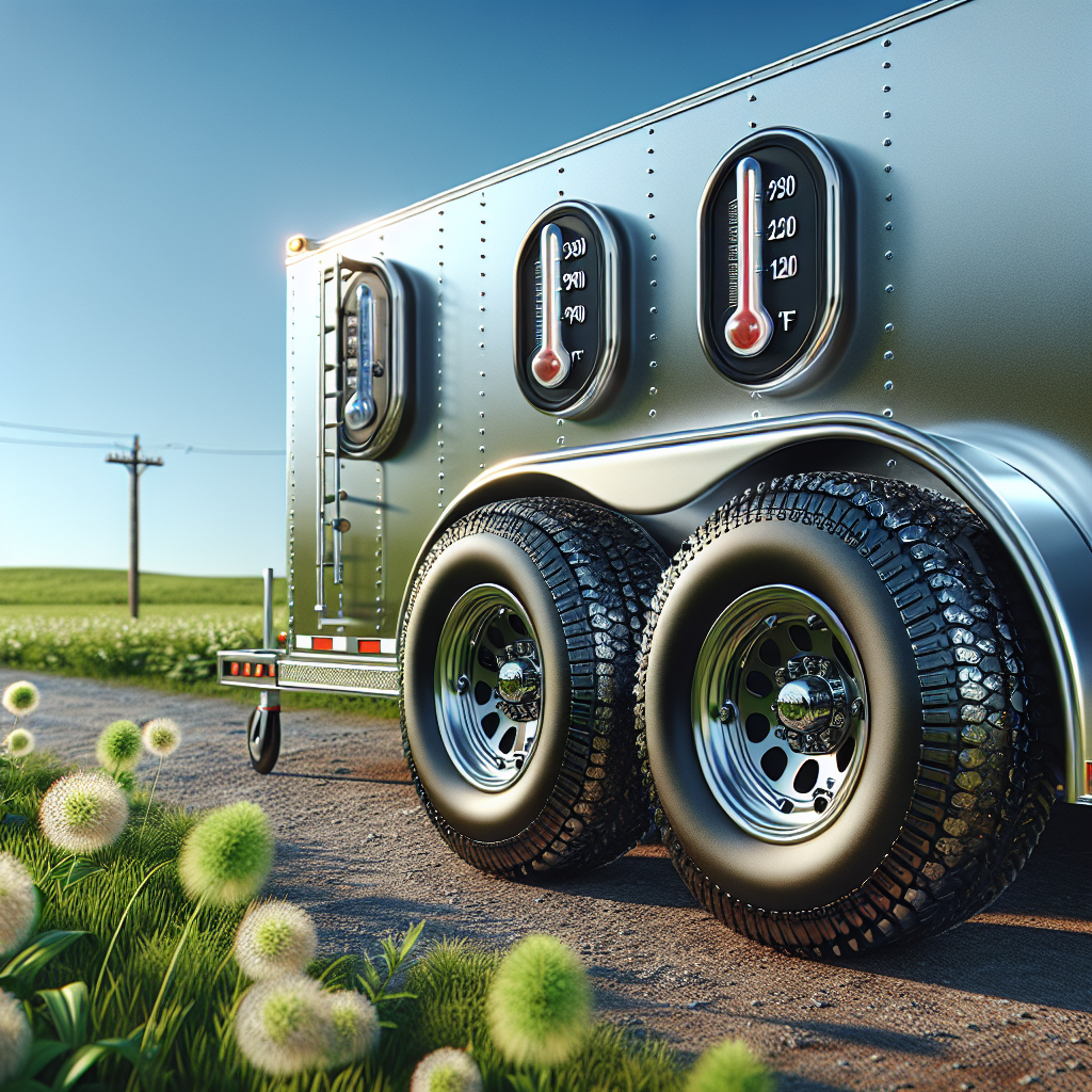 A trailer with highlighted tires showcasing temperature indicators in a rural setting.